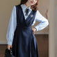 Corduroy Suede Midi Pinafore Dress & Blouse Set (Navy)