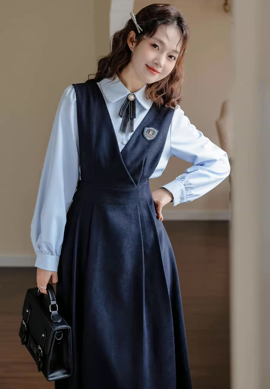 Corduroy Suede Midi Pinafore Dress & Blouse Set (Navy)