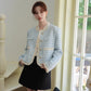 Gingham Lace Trim Tweed Jacket (Blue)