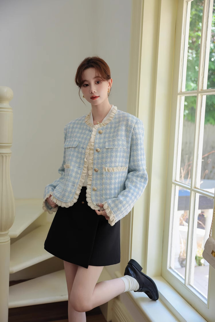 Gingham Lace Trim Tweed Jacket (Blue)