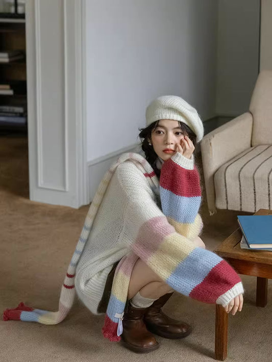 Rainbow Stripe Sleeves Sweater (White)