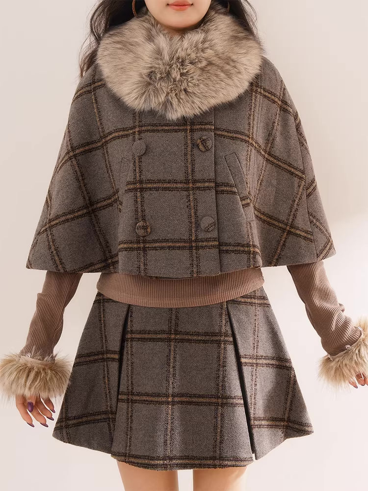 Library Plaid Capelet & Mini Skirt Set (Grey)