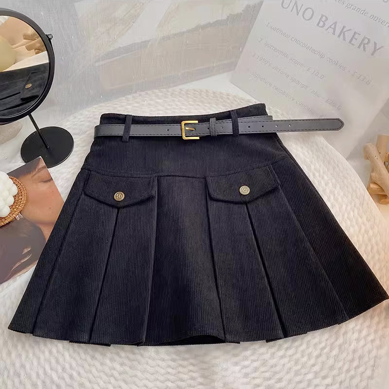 Corduroy Belted Pleat Skirt (3 Colors)