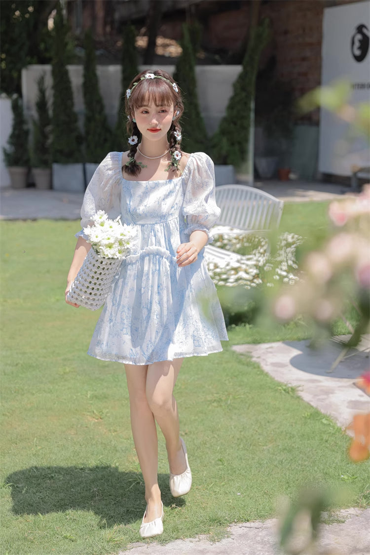 Porcelain Sketch Mini Babydoll Dress (White/Blue)