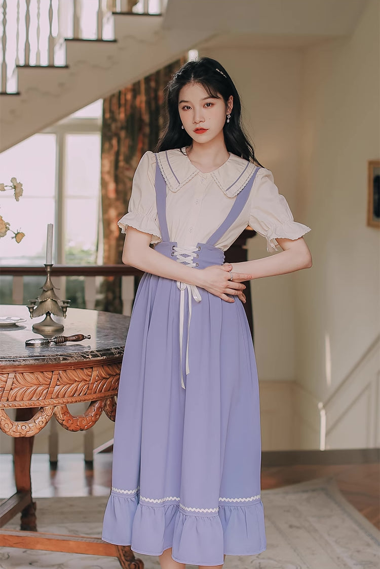 Short Sleeve Lace Up Suspender Skirt Set (3 Colors)