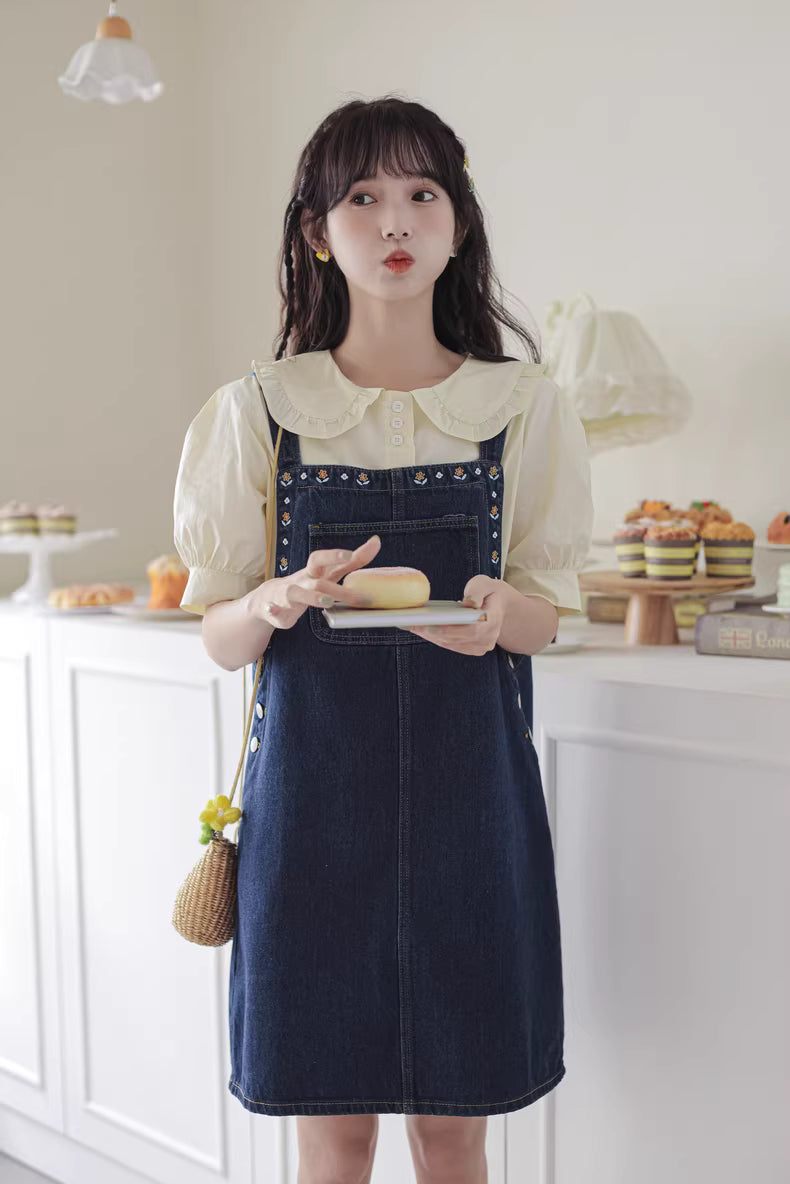 Flower Embroidered Mini Pinafore Dress (Dark Denim)