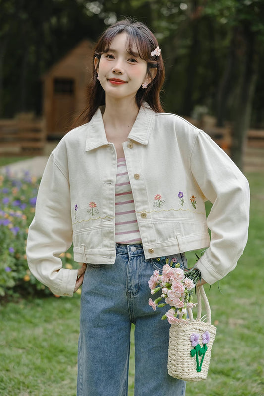 Personal Garden Embroidered Denim Jacket (Cream)