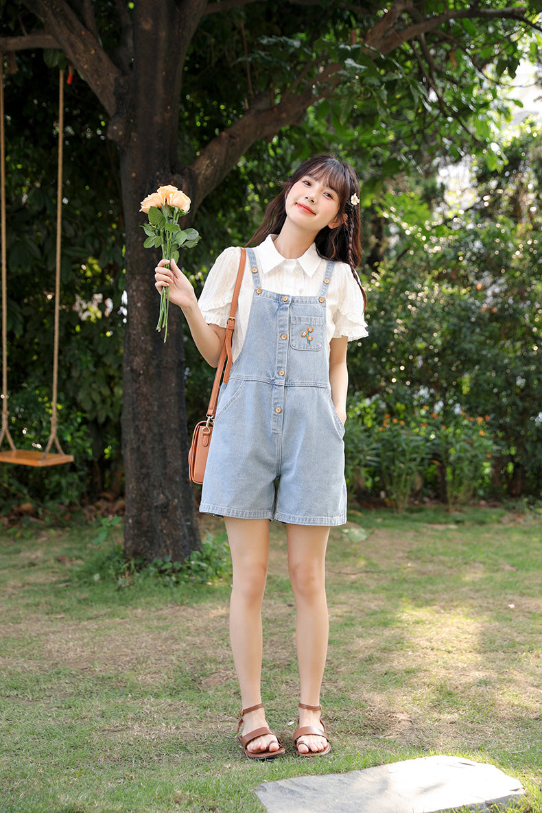 Button Up Poppy Short Overalls (Light Denim)