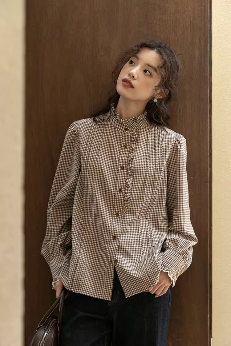 Gingham Plaid Ruffle Blouse (Coffee)