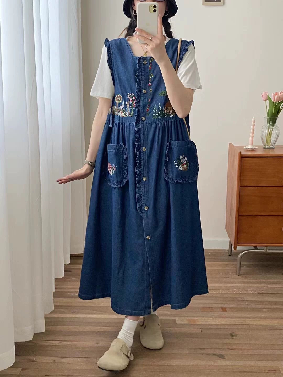 Backyard Cottage Embroidered Denim Dress (3 Colors) Medium Denim / One Size