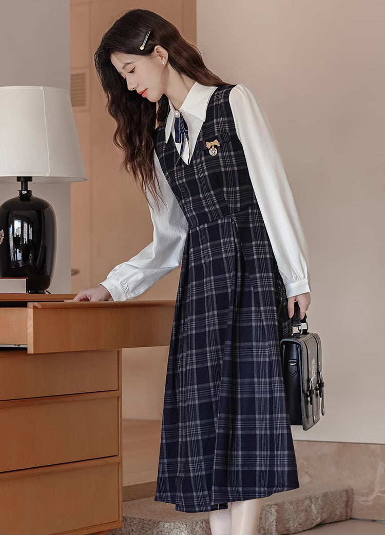 Oxford Plaid Midi Pinafore & Blouse Set (Navy)