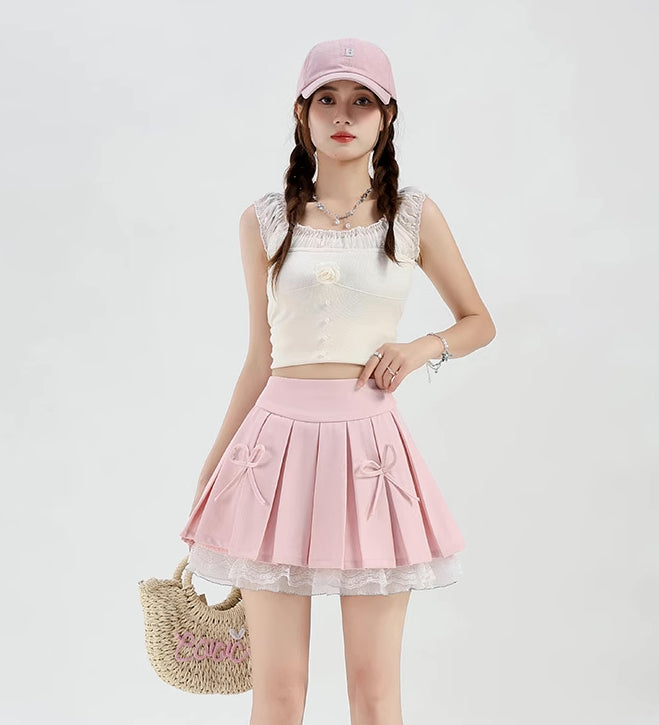Bow Lace Pleated Mini Skirt (7 Colors)