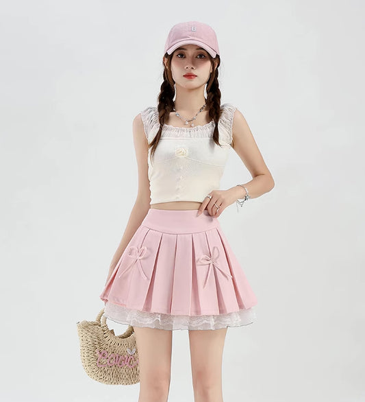 Bow Lace Pleated Mini Skirt (7 Colors)