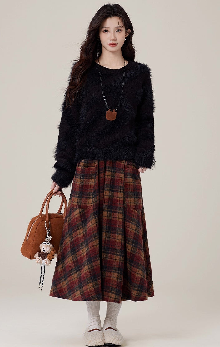 Bookshop Plaid Midi Skirt (Red/Khaki)