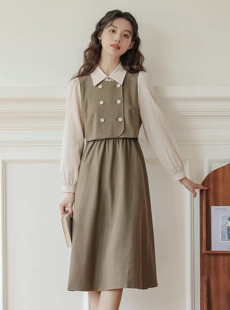 Double Breasted Twofer Midi Dress (Khaki)