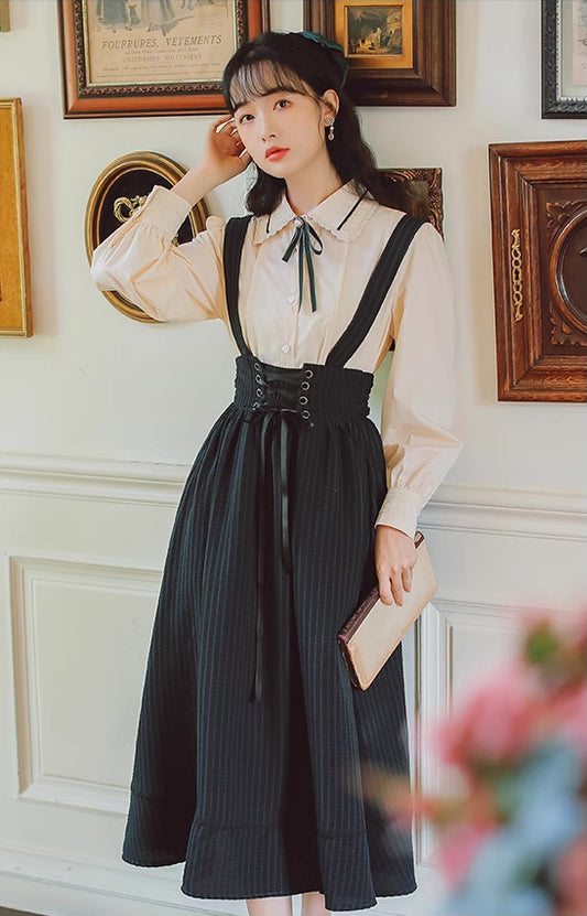 Long Sleeve Crepe Suspender Skirt Set (2 Colors)