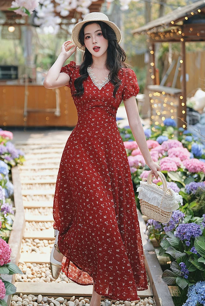 Ditsy Floral Maxi Dress (Red)