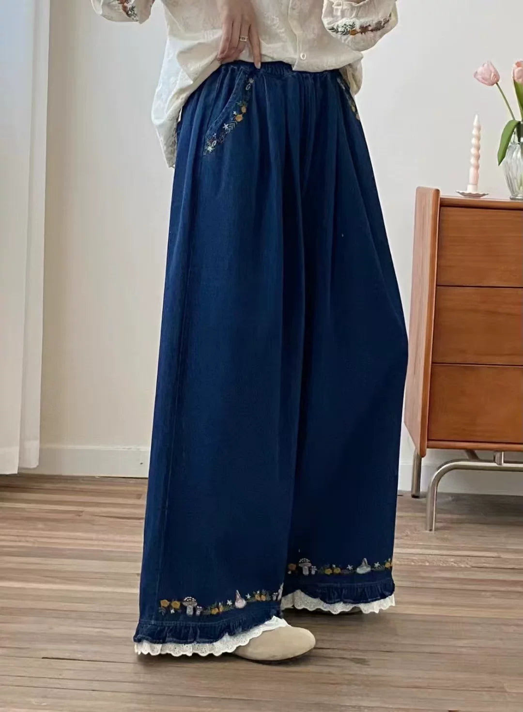 Forest Floor Embroidered Denim Pants (2 Colors)