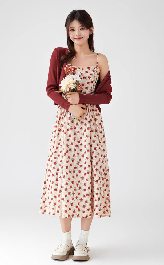 Lace Up Floral Cami Midi Dress (Beige/Red)