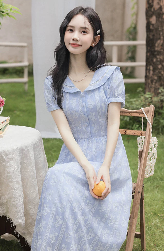 Floral Stripe Midi Dress (Blue)