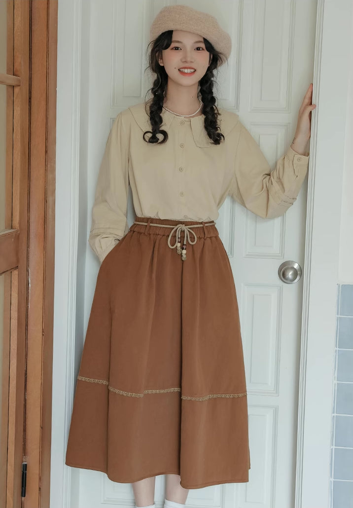 Drawstring Midi Skirt (Brown)