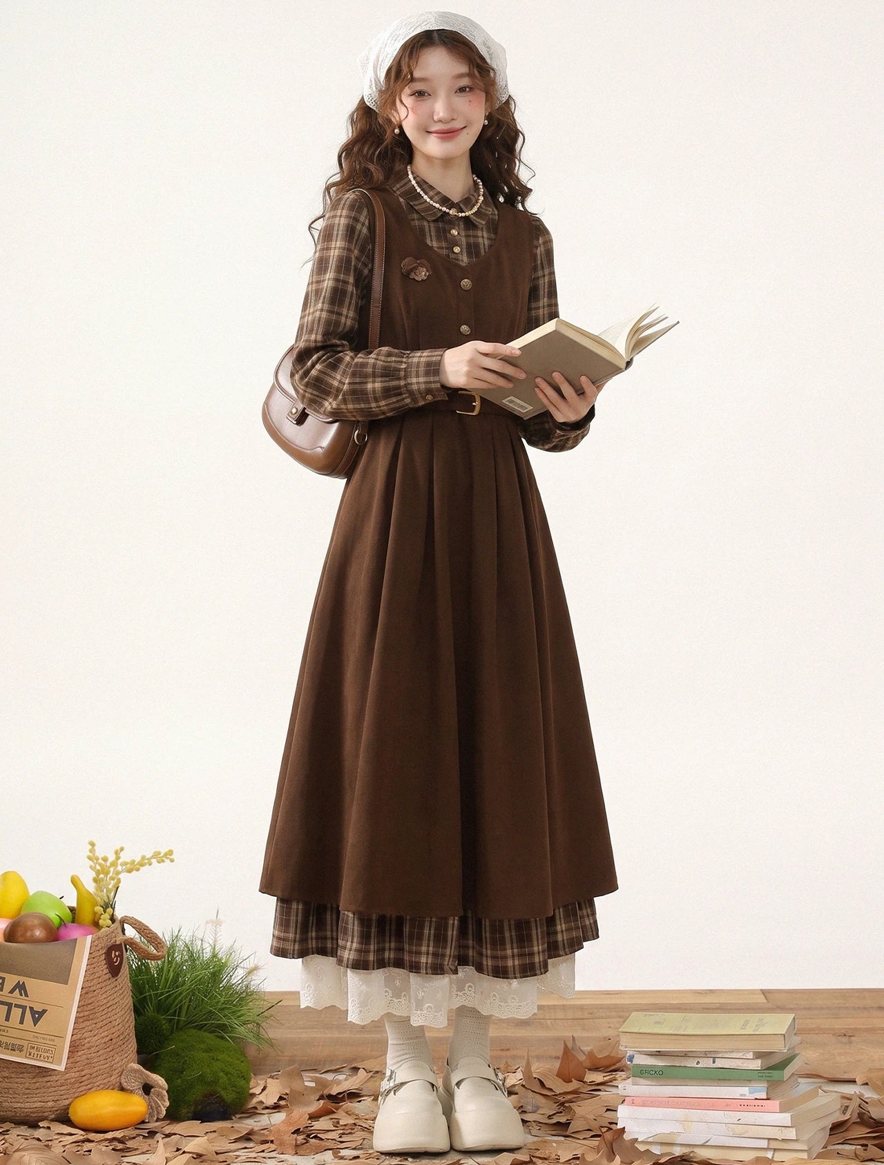 Chocolate Plaid Corduroy Twofer Midi Dress (Brown)