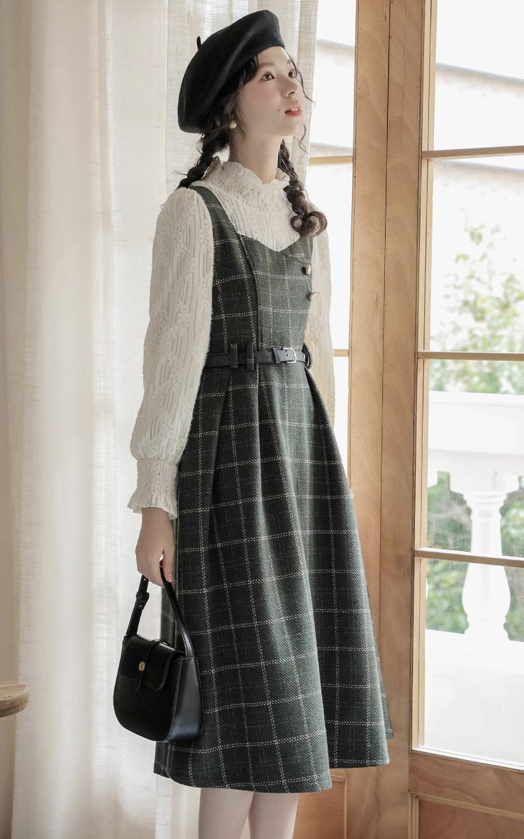 Plaid Pinafore Twofer Midi Dress (Green)