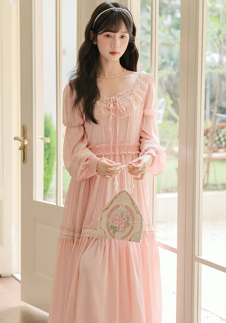 Eyelet Lace Tiered Midi Dress (Pink)