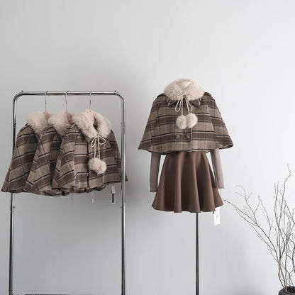 Mint Cocoa Plaid Capelet & Dress Set (Khaki)