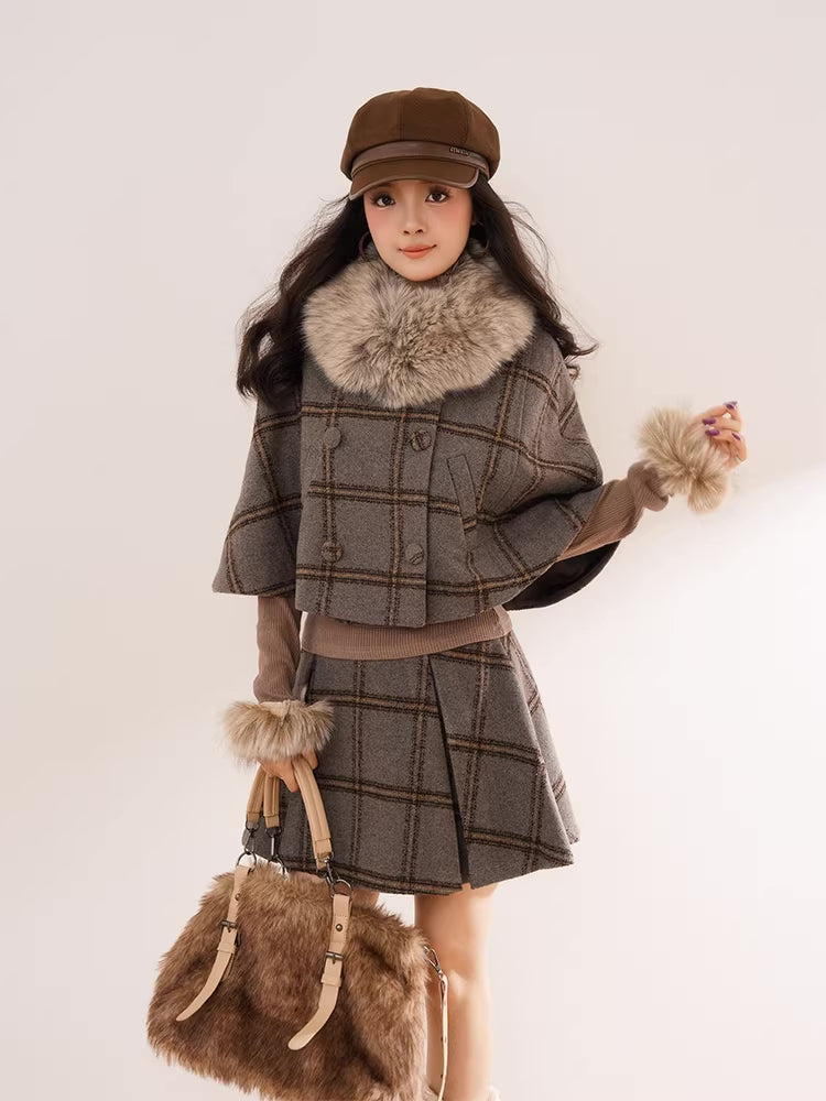 Library Plaid Capelet & Mini Skirt Set (Grey)