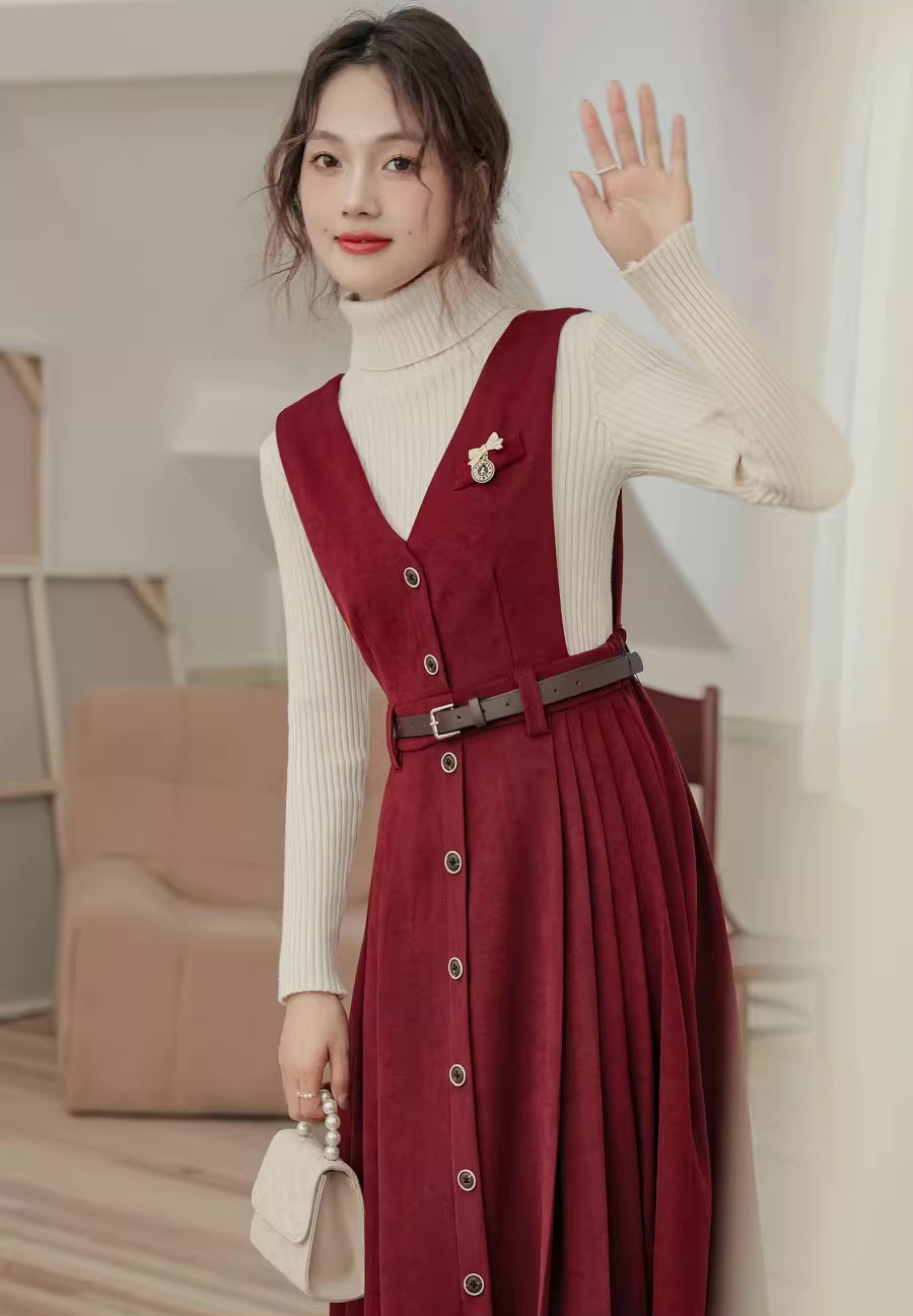 Corduroy Button Pleated Midi Pinafore (2 Colors)