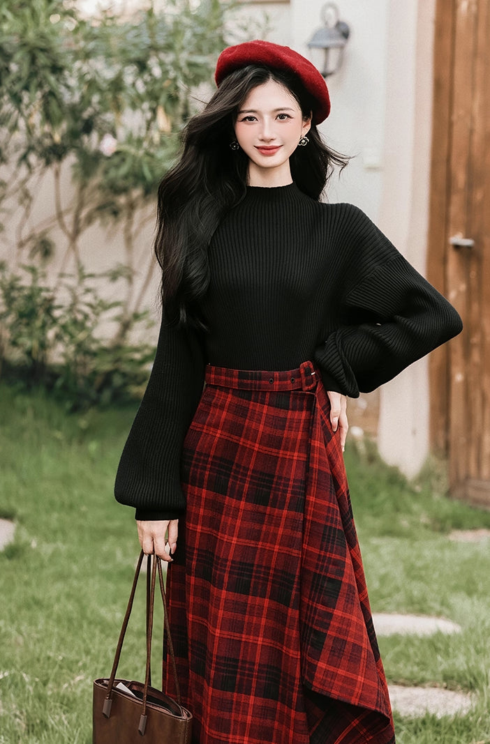 Lingonberry Plaid Asymmetrical Midi Skirt (Red/Black)
