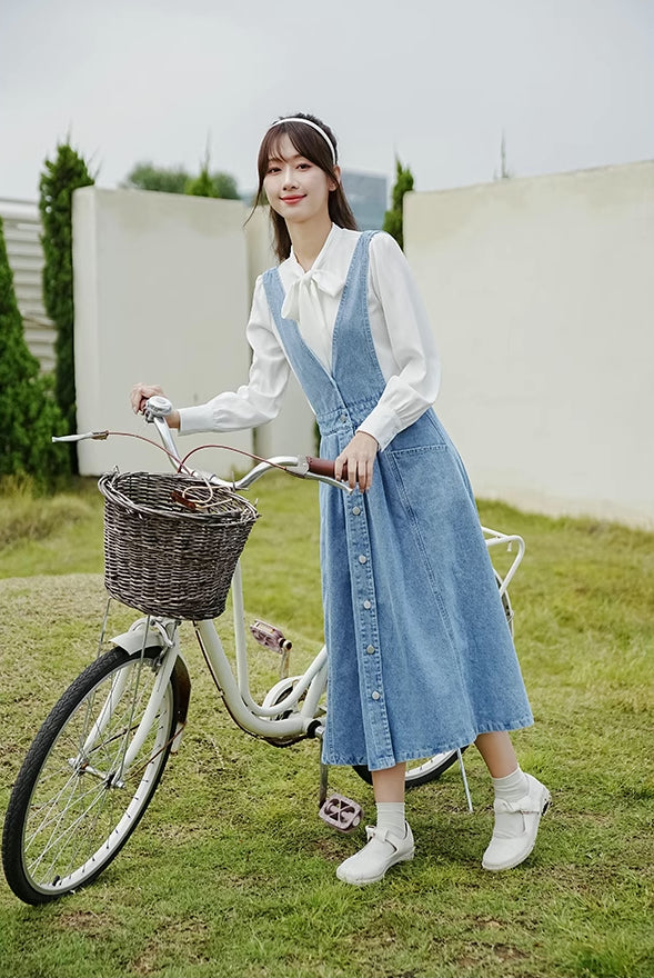 Button Denim Midi Pinafore Dress (Light Blue)