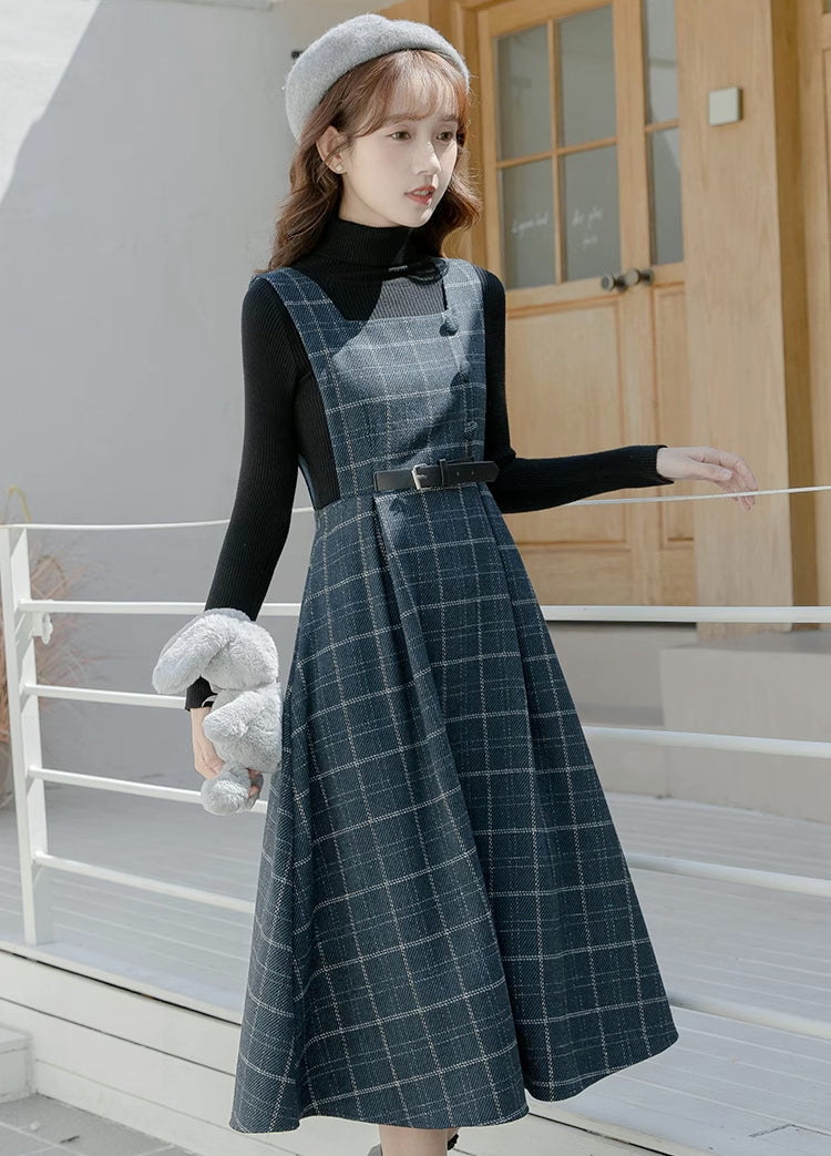 Belted Plaid Pinafore Dress (3 Colors)