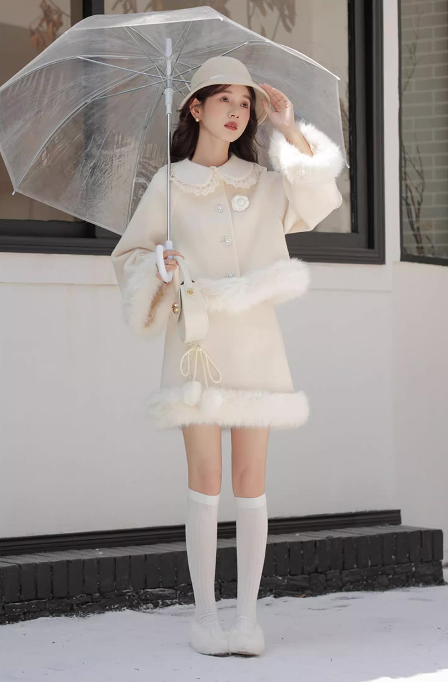 Fuzzy Snow Puff Tweed Set (Cream)