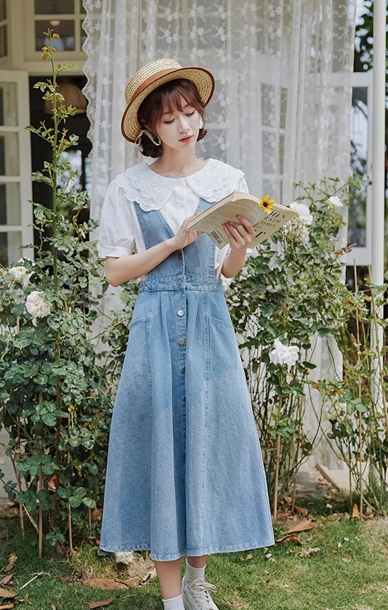 Button Denim Midi Pinafore Dress (Light Blue)