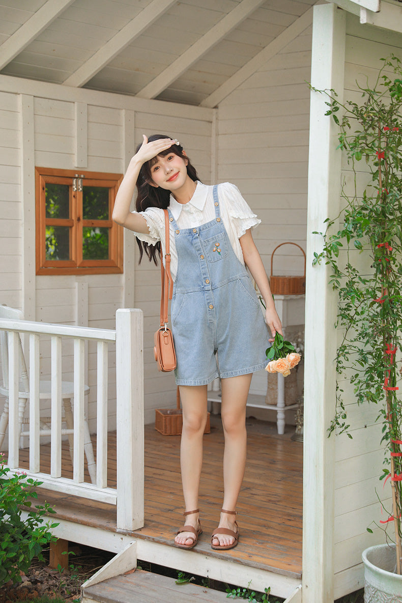 Button Up Poppy Short Overalls (Light Denim)