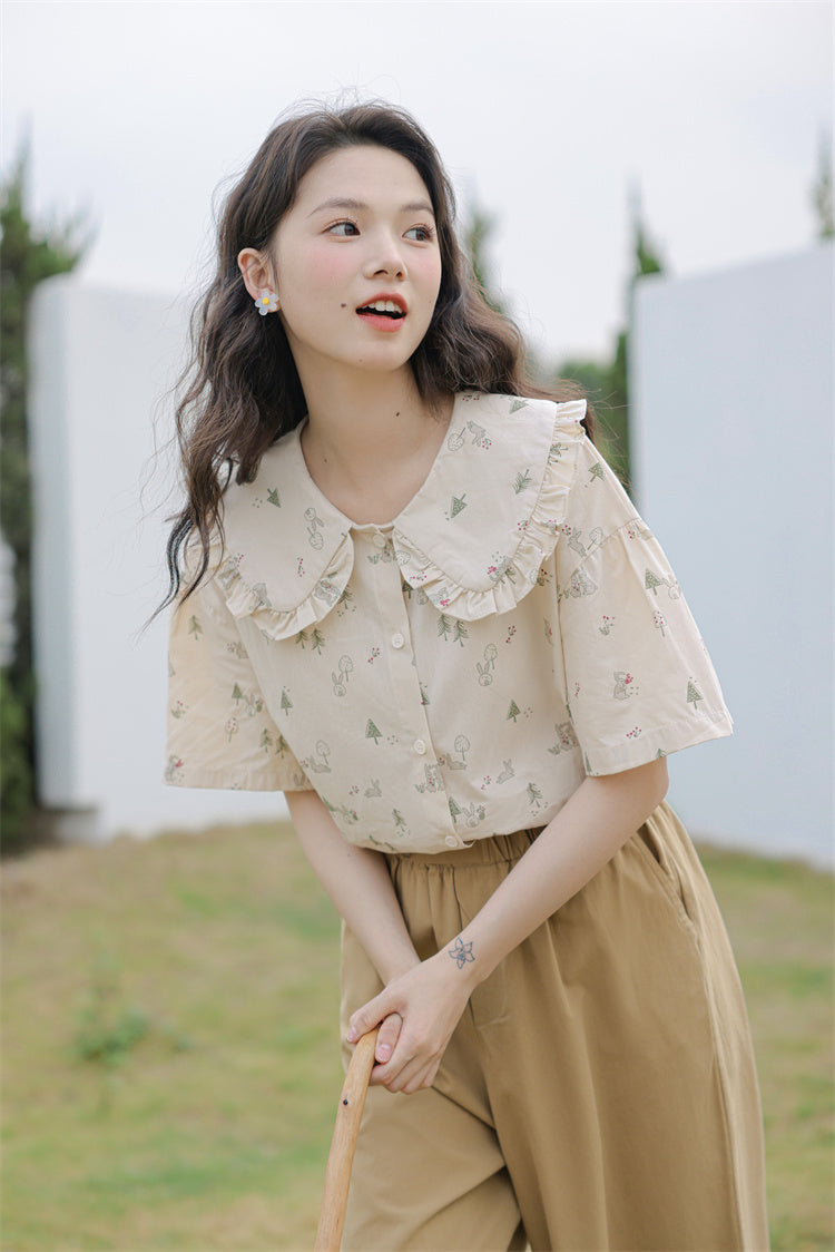Forest Bunny Button Up Shirt (Beige)