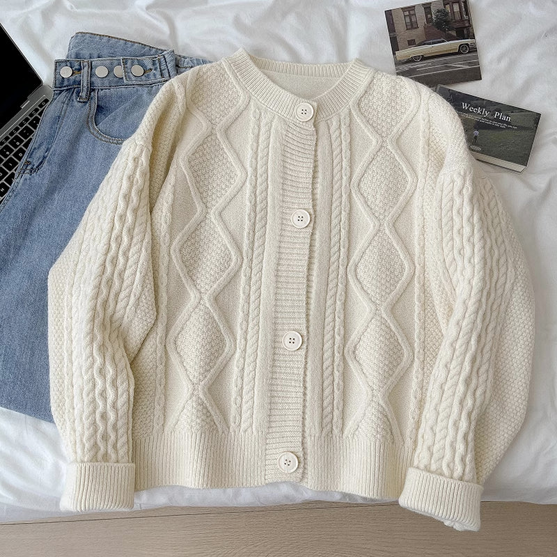 Cable Knit Round Neck Cardigan (7 Colors)