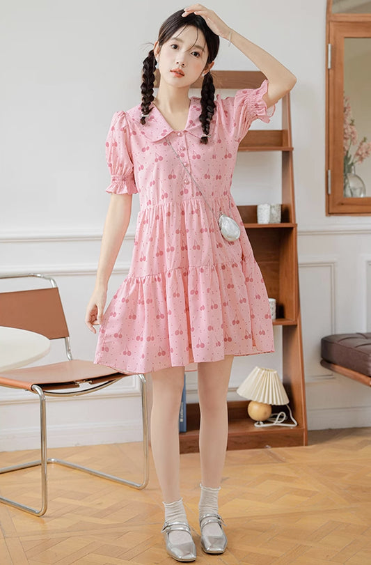 Sweet Cherry Tiered Shirt Dress (Pink)