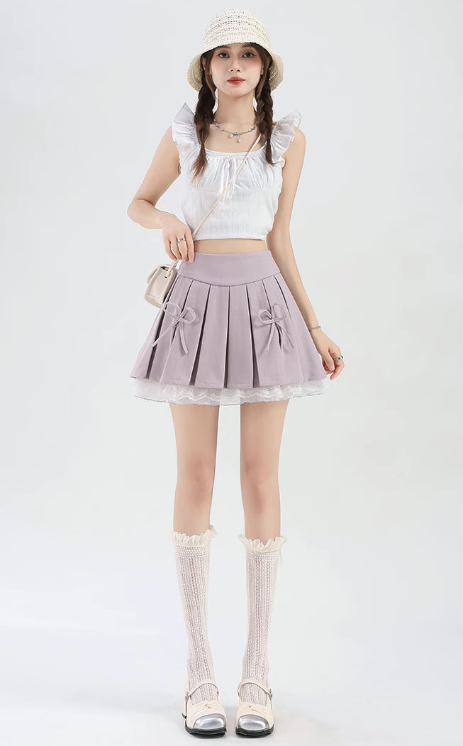 Bow Lace Pleated Mini Skirt (7 Colors)
