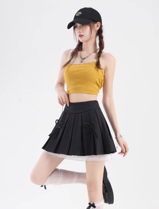 Bow Lace Pleated Mini Skirt (7 Colors)