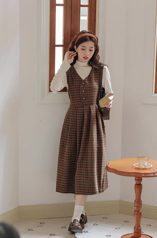 Fallen Leaves Plaid Pinafore Dress Set (Brown)