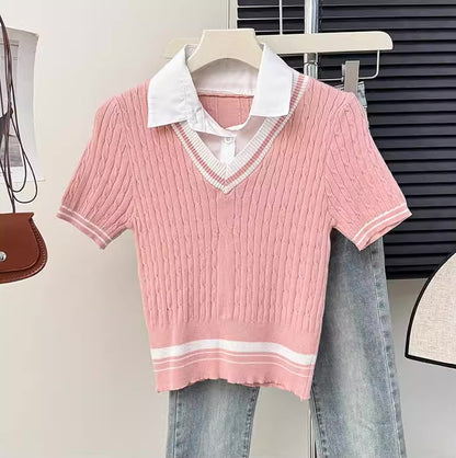 Knitted Polo Cropped Twofer Blouse (5 Colors)