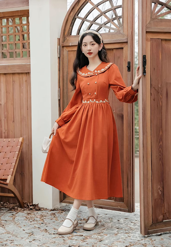 Autumn Floral Shawl Collar Midi Dress (Burnt Orange)