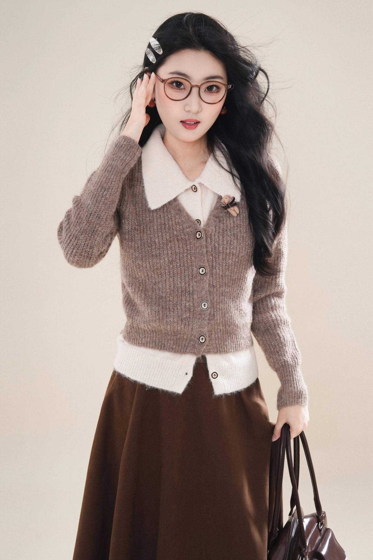 Faux Layered Cardigan (Khaki)