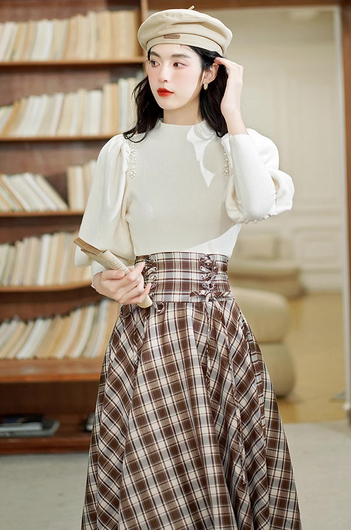 Choco Plaid Midi Skirt (Brown)