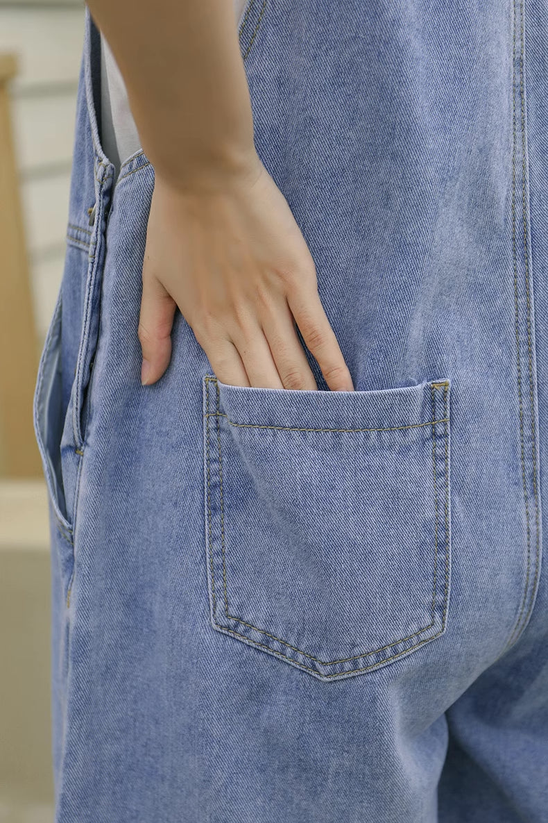 Rosy Days Embroidered Short Overalls (Light Denim)