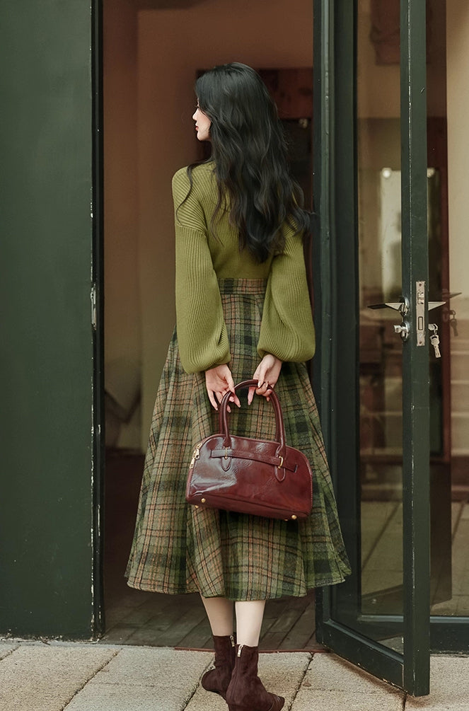 Willow Plaid Sweater & Skirt Set (Green)