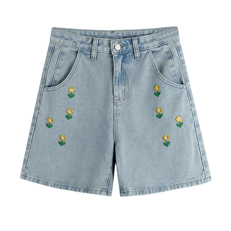 Flower Pop Embroidered Shorts (Light Denim)